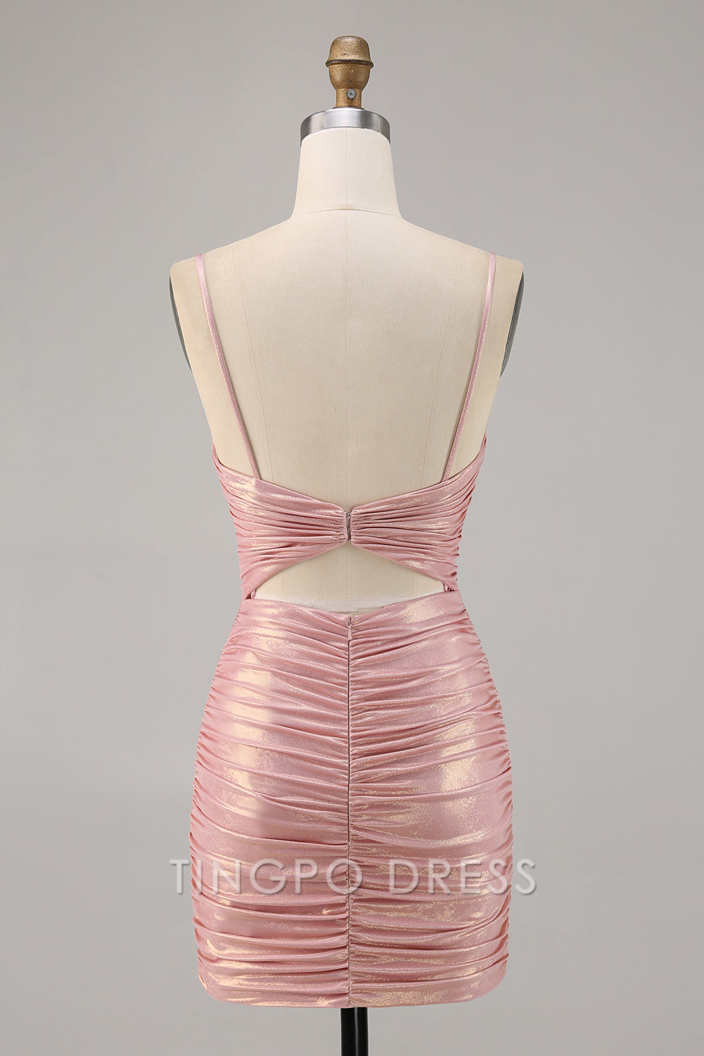 TingPo Wholesale Elegant Blush Metallic Spaghetti Straps Cut Out Tight Short Homecoming Dress formal wear dresses